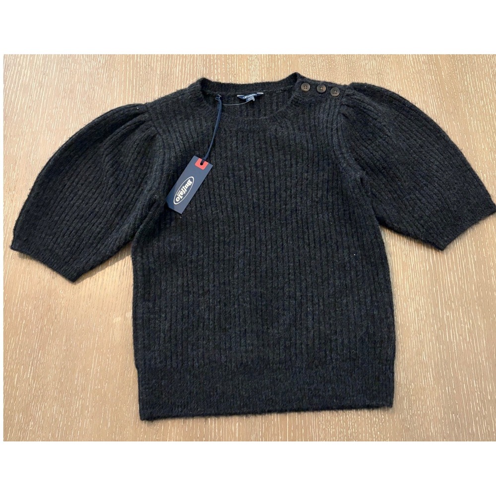 Buffalo Jeans Women's Small Black Puff Sleeve Ribbed Knit Sweater NWT
